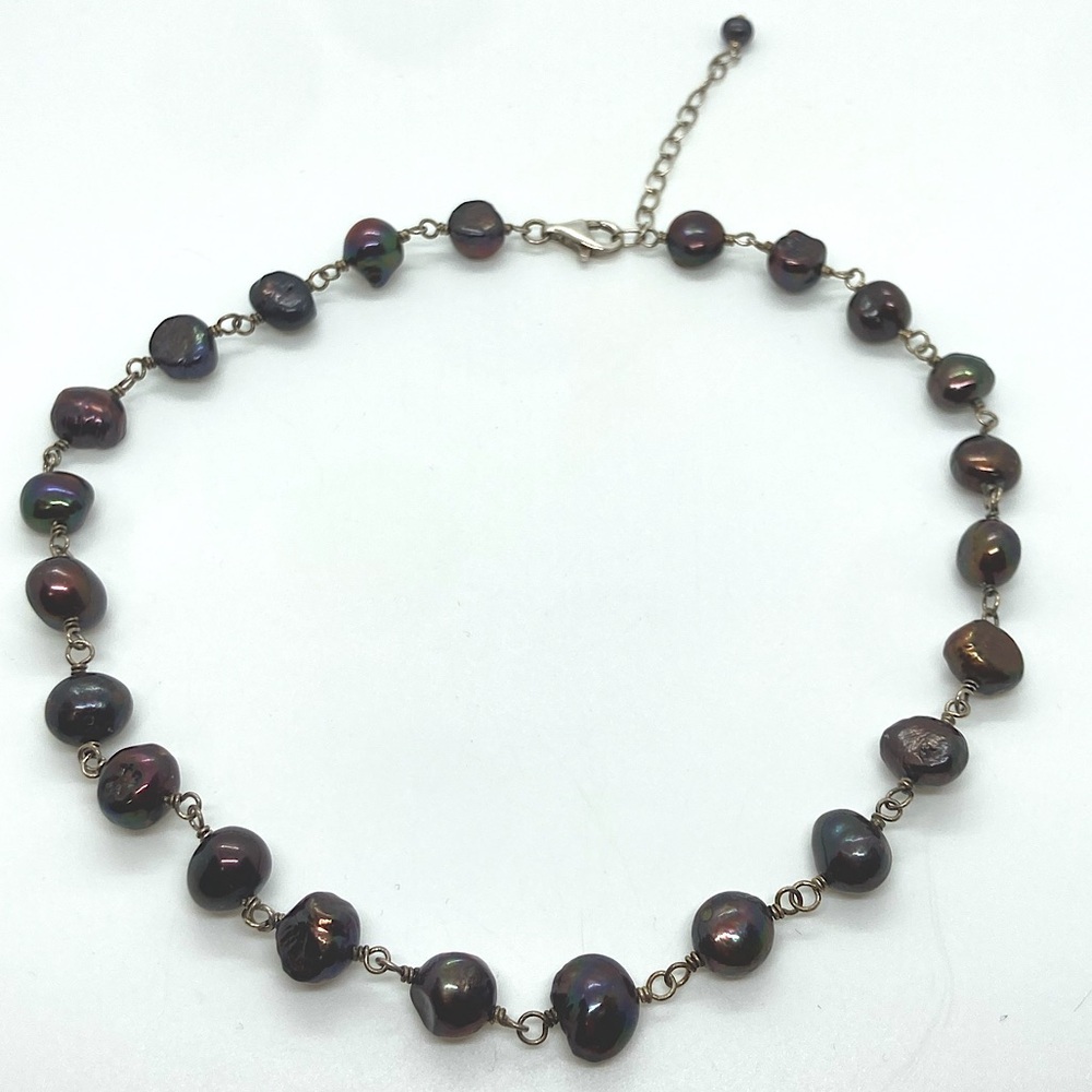 Vtg Sterling Silver & Purple Peacock Freshwater Pearl Necklace | 15” - 17”